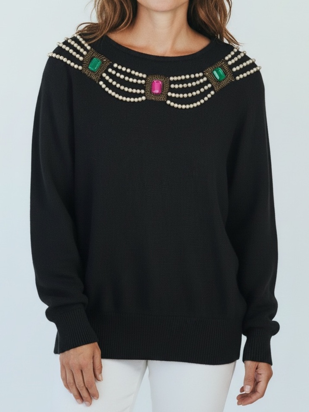 Vintage Jane Ashley Angora Lambswool Pearl Beaded Sweater Black Glam Size S
